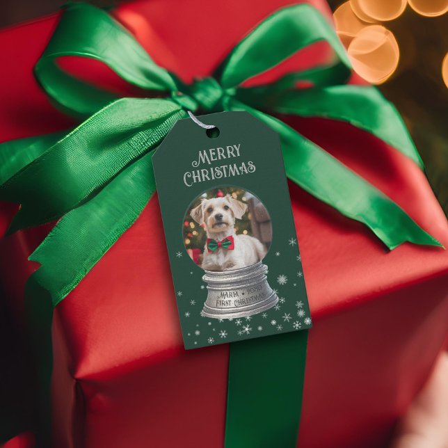 Green Snowglobe Snowflake Photo Gift Tags (Green snowglobe gift tag 
)