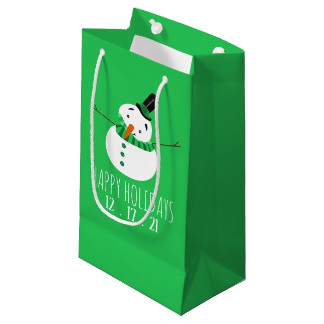 Green Snowman, Happy Holidays Small Gift Bag (Front Angled)