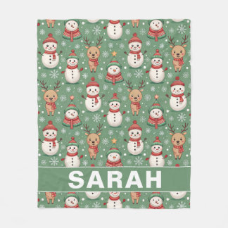 Green Snowman & Reindeer Personalized Throw Fleece Blanket