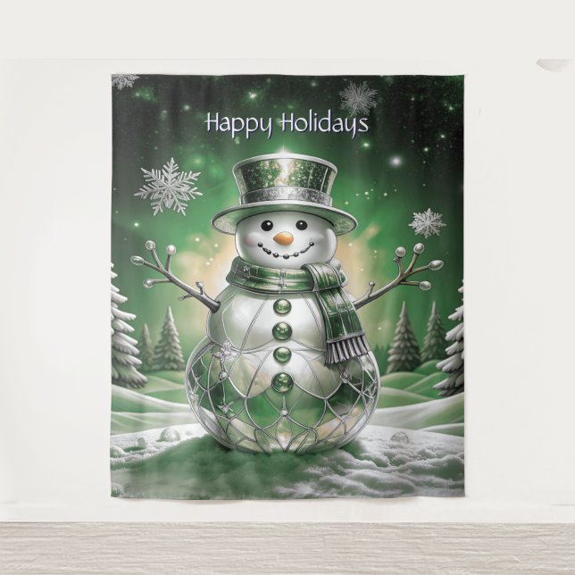 Green Snowman Snowflakes Holiday Backdrop Tapestry (Front)