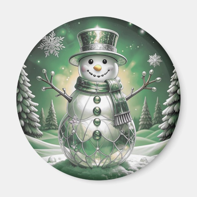Green Snowman Snowflakes Holiday Magnet (Front)