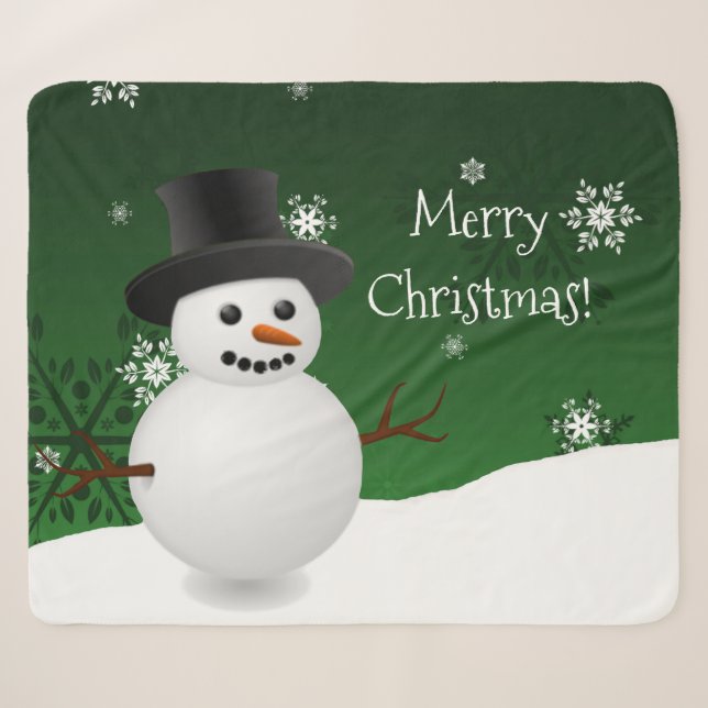 Green Snowman Winter Christmas Sherpa Blanket (Front (Horizontal))