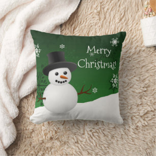 Green Snowman Winter Scene Christmas Throw Pillow