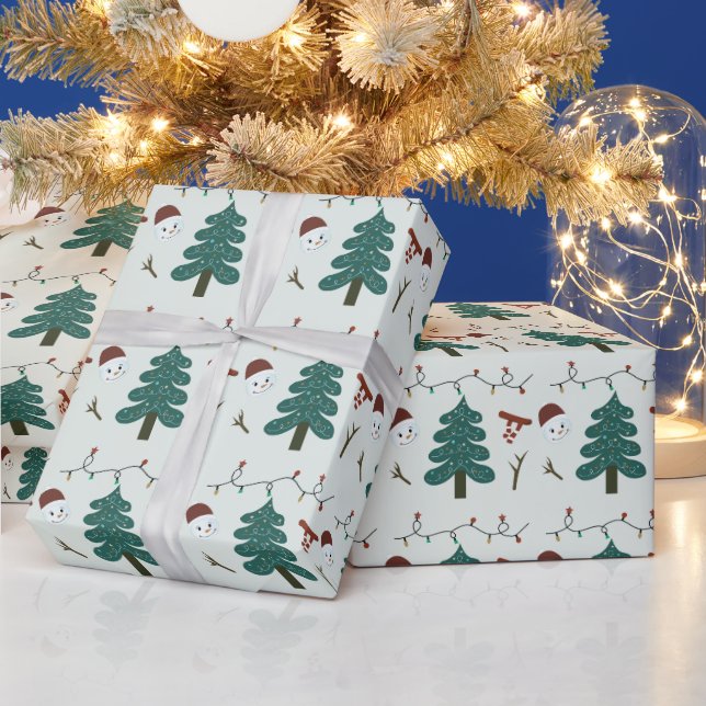 Green Snowmen and Christmas Trees Christmas Wrapping Paper (Holidays)