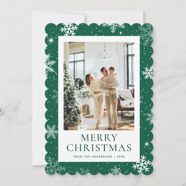 Green Snowy Merry Christmas Snowflake Photo Holiday Card (Front)