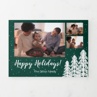 Green Snowy Pine Tree Forest Holiday 6-Photo Tri-Fold Holiday Card