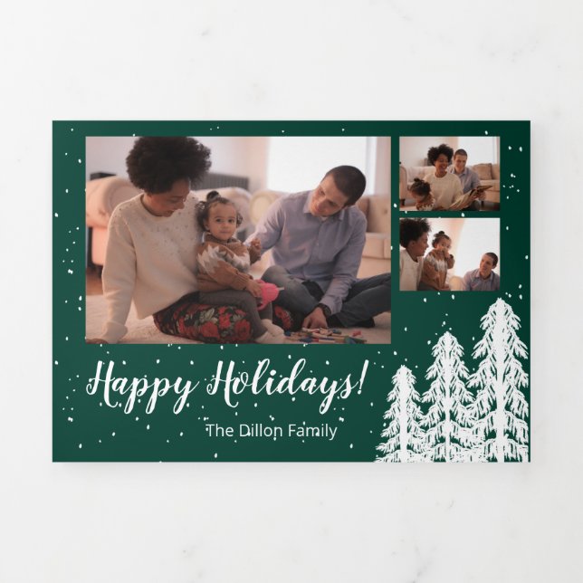 Green Snowy Pine Tree Forest Holiday 6-Photo Tri-Fold Holiday Card (Cover)