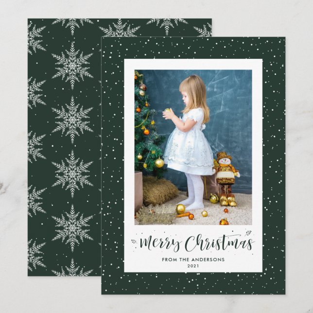 Green Snowy Snowflake Photo Merry Christmas Cards (Front/Back)