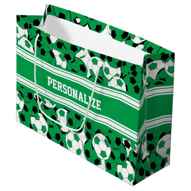 Green Soccer Ball Collage | Personalize Large Gift Bag (Front Angled)