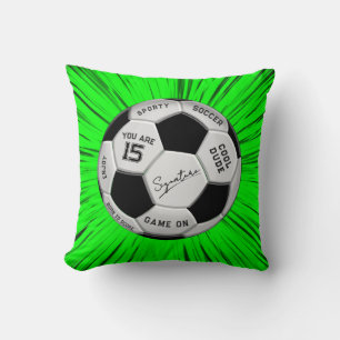 Green Soccer Custom Text Ball Birthday Age Name Throw Pillow