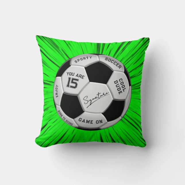 Green Soccer Custom Text Ball Birthday Age Name Throw Pillow (Front)