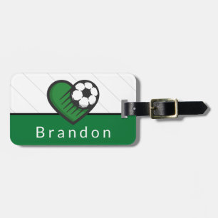Green Soccer Love Kids Players Name & Ball Striped Luggage Tag