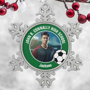 Green Soccer Player Photo High School Spirit Snowflake Pewter Christmas Ornament