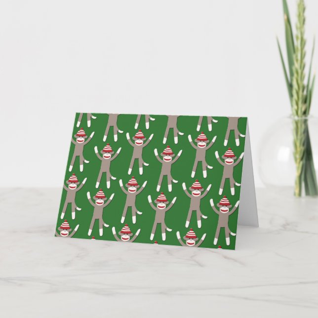 Green Sock Monkey Print Holiday Card (Front)