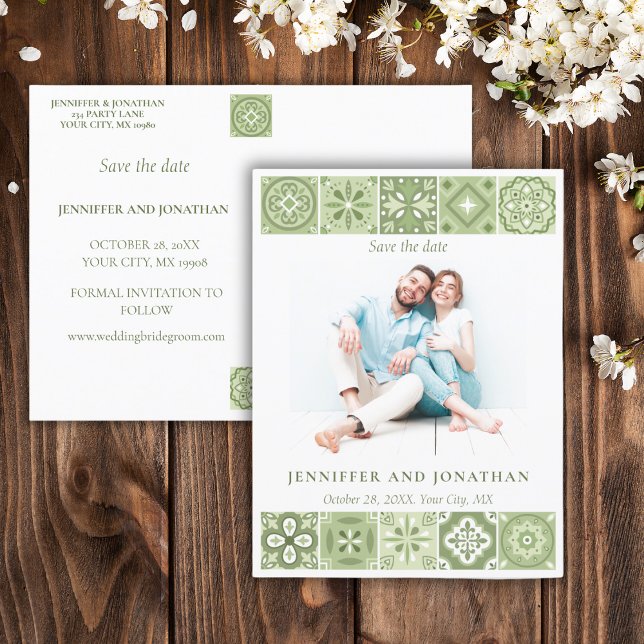 GREEN SPANISH TILES SAVE THE DATE POSTCARD (Creator Uploaded)