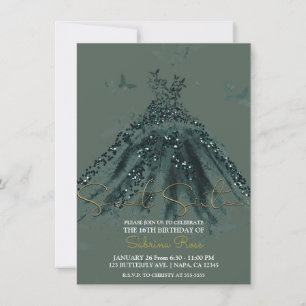 Green Sparkle Butterfly Dance Dress Sweet 16 Party Invitation