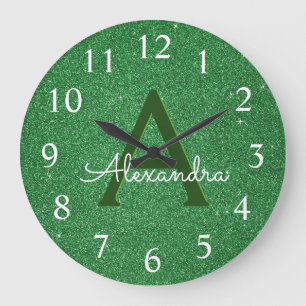 Green Sparkle Glitter Monogram Name & Initial Large Clock