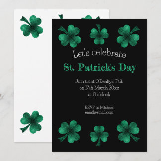 Green Sparkle Shamrock St. Patrick's Day Black Invitation