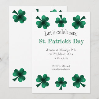 Green Sparkle Shamrock St. Patrick's Day White Invitation
