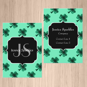 Green Sparkles Shamrock St. Patrick' Day Monogram Business Card