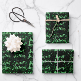 Green sparkles Sweet 16 elegant script pattern Wrapping Paper Sheet