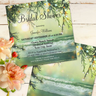 Green Sparkling Lights Beach Bridal Shower Invite