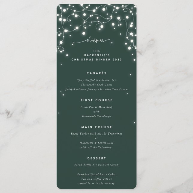 Green Sparkling Lights Christmas Flat 4 Course Menu (Front)