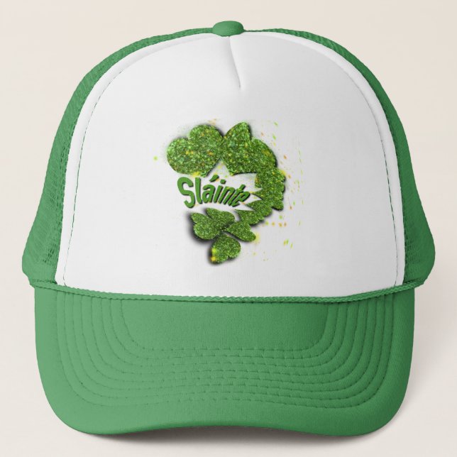 Green sparkling shamrocks slainte trucker hat (Front)