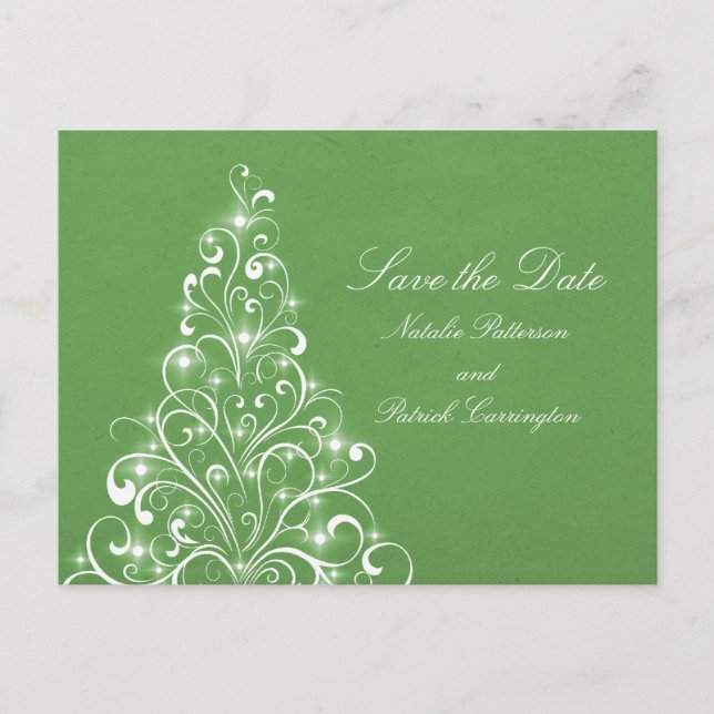 Green Sparkly Holiday Tree Save the Date Postcard (Front)