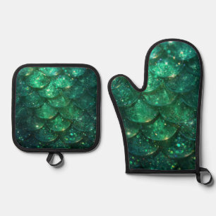 Green Sparkly Mermaid Print Oven Mitt & Pot Holder Set