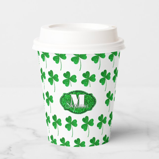 Green Sparkly Shamrocks Monogrammed St Patrick Paper Cups (Front)