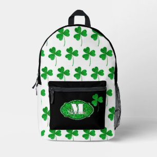 Green Sparkly Shamrocks Monogrammed St Patrick Printed Backpack