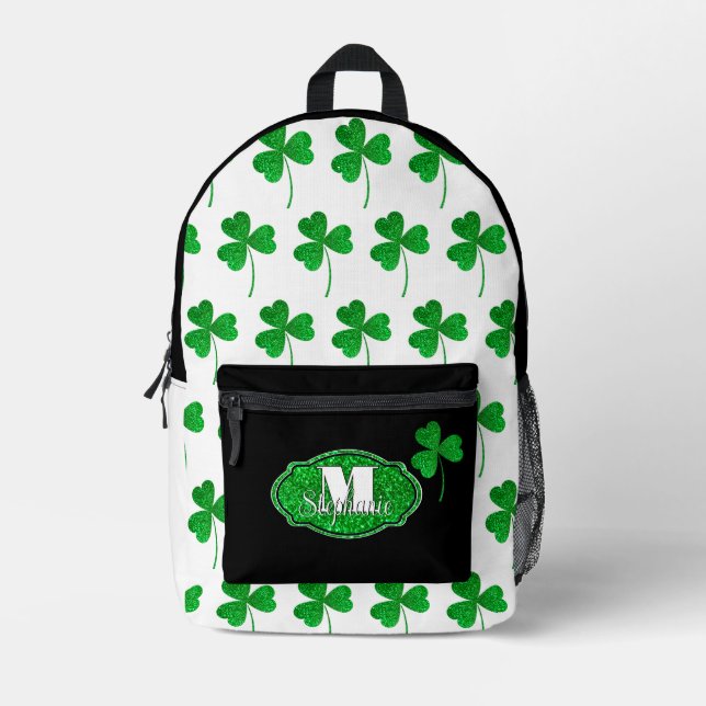 Green Sparkly Shamrocks Monogrammed St Patrick Printed Backpack (Front)