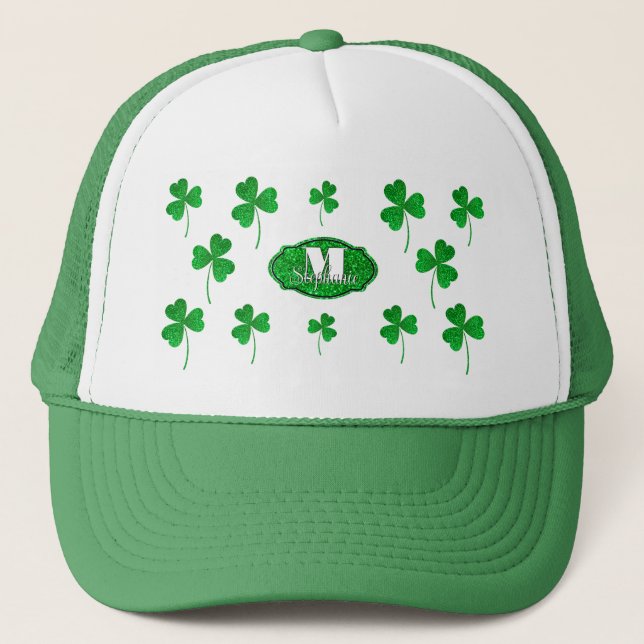 Green Sparkly Shamrocks Monogrammed St Patrick  Trucker Hat (Front)