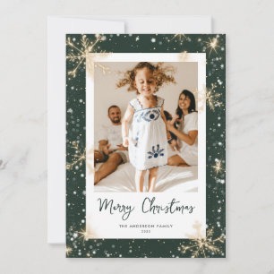 Green Sparkly Snowflake Photo Christmas Cards