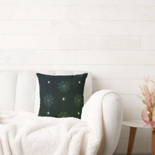 Green Spiders and Spiderwebs Black Halloween Throw Pillow