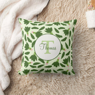 Green Spinach Leaves Pattern Monogram Names Throw Pillow
