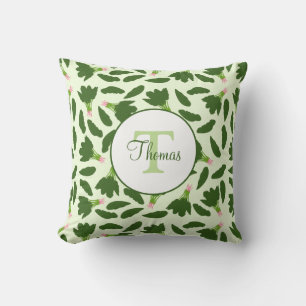 Green Spinach Leaves Pattern Monogram Names Throw Pillow