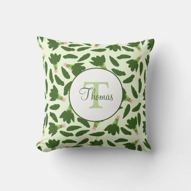 Green Spinach Leaves Pattern Monogram Names Throw Pillow (Front)