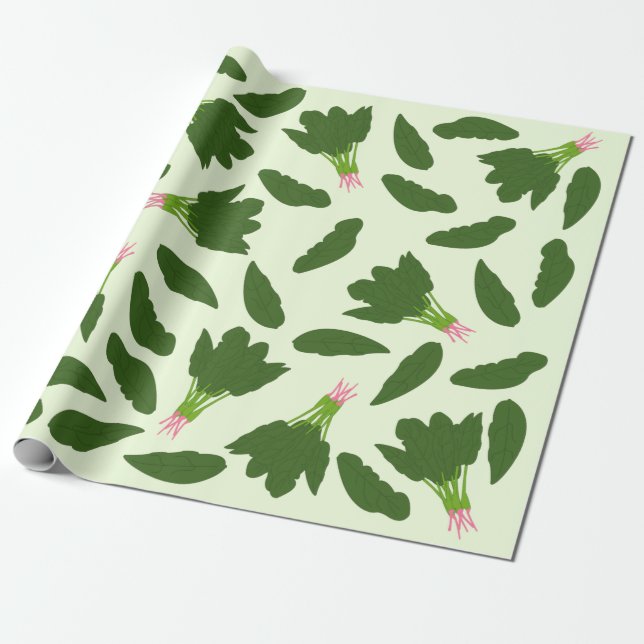 Green Spinach Leaves Pattern Wrapping Paper (Unrolled)