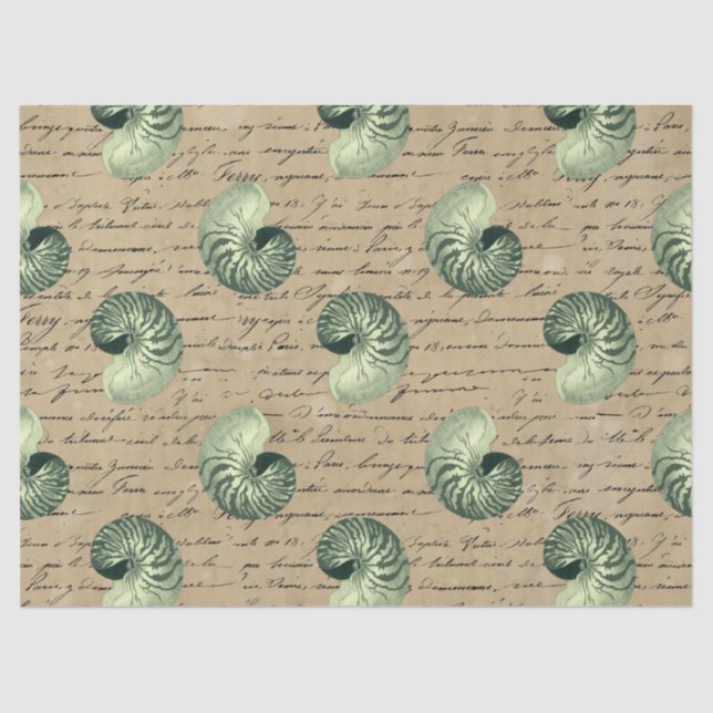 Green Spiral Seashells on Tan Decoupage Tissue Paper (Front)