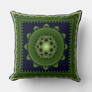 Green splendid fractal framed mandala throw pillow