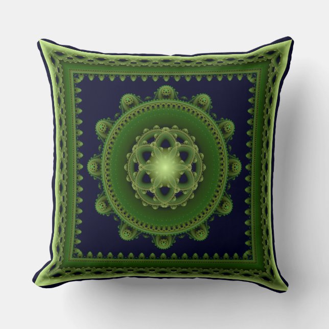 Green splendid fractal framed mandala throw pillow (Front)