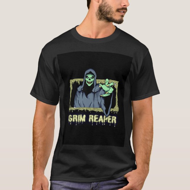 Green Spooky Illustration Creative Grim Reaper  T-Shirt (Front)