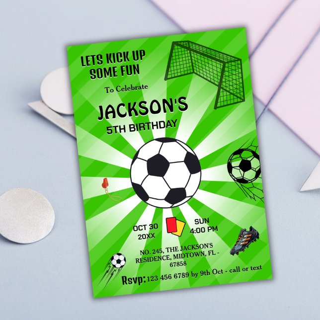 Green sport ball soccer themed modern 5th birthday invitation (Creator Uploaded)