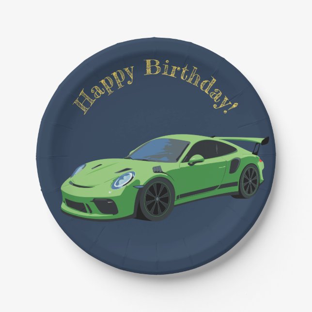 Green Sports Car Birthday Paper Plate (Front)