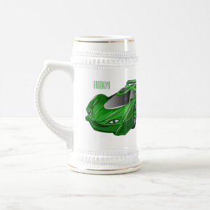 Green sports car with airfoil illustration beer stein
