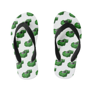 Green sports car with airfoil illustration kid's flip flops