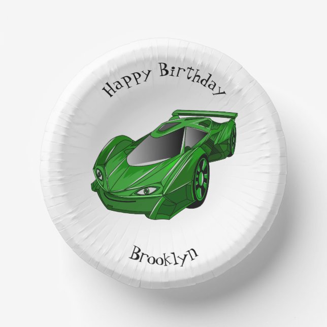 Green sports car with airfoil illustration  paper plate (Front)