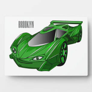 Green sports car with airfoil illustration plaque